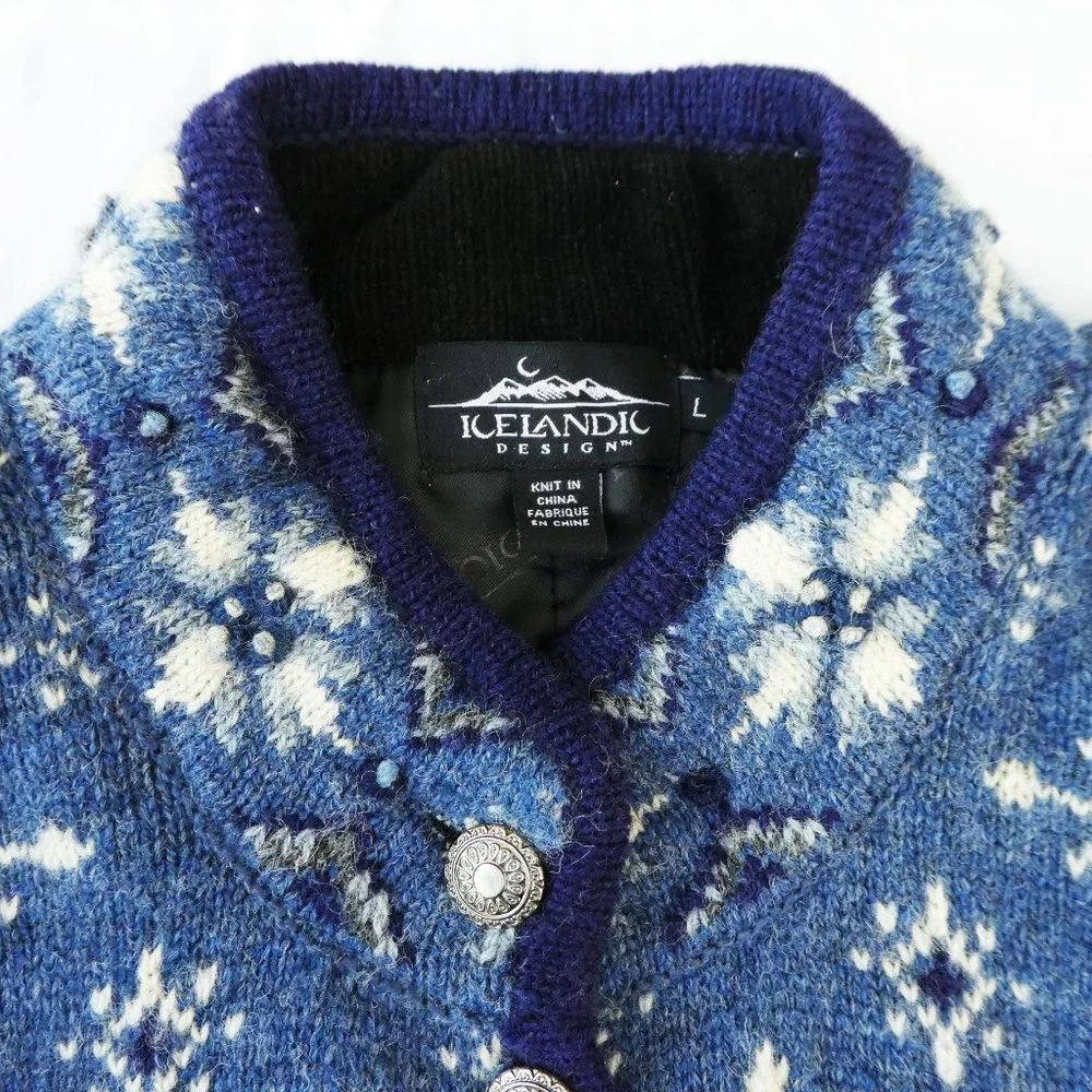 Icelandic Design Blue 100 Wool Cardigan Sweater Atlandia 2000 Y2K Snowflakes L